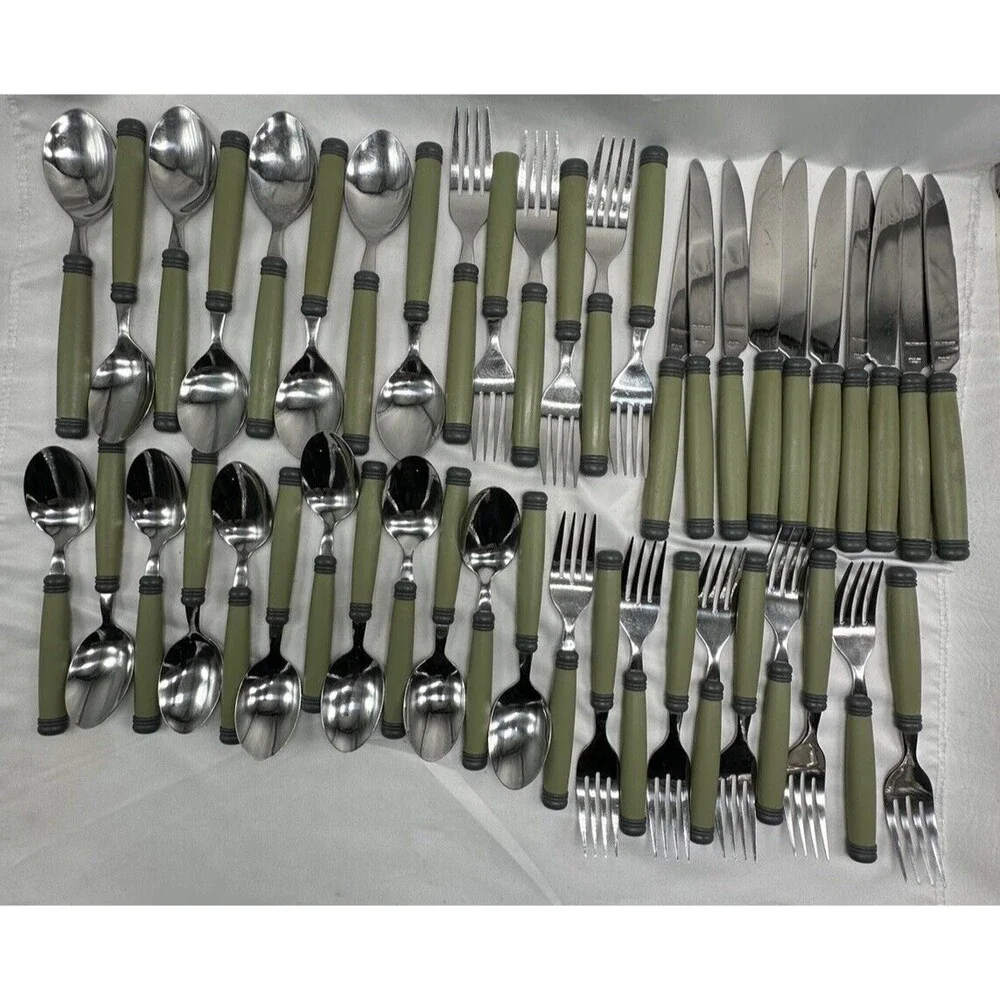Pfaltzgraff SPHERE Stainless Plastic Charcoal Green Flatware Set Flaws 46 Pieces